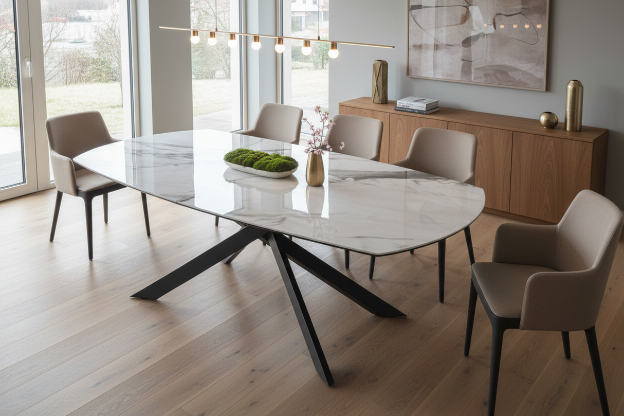 Table Grande Kheops céramique marbre brillant extensible – salle à manger contemporaine lumineuse - akante