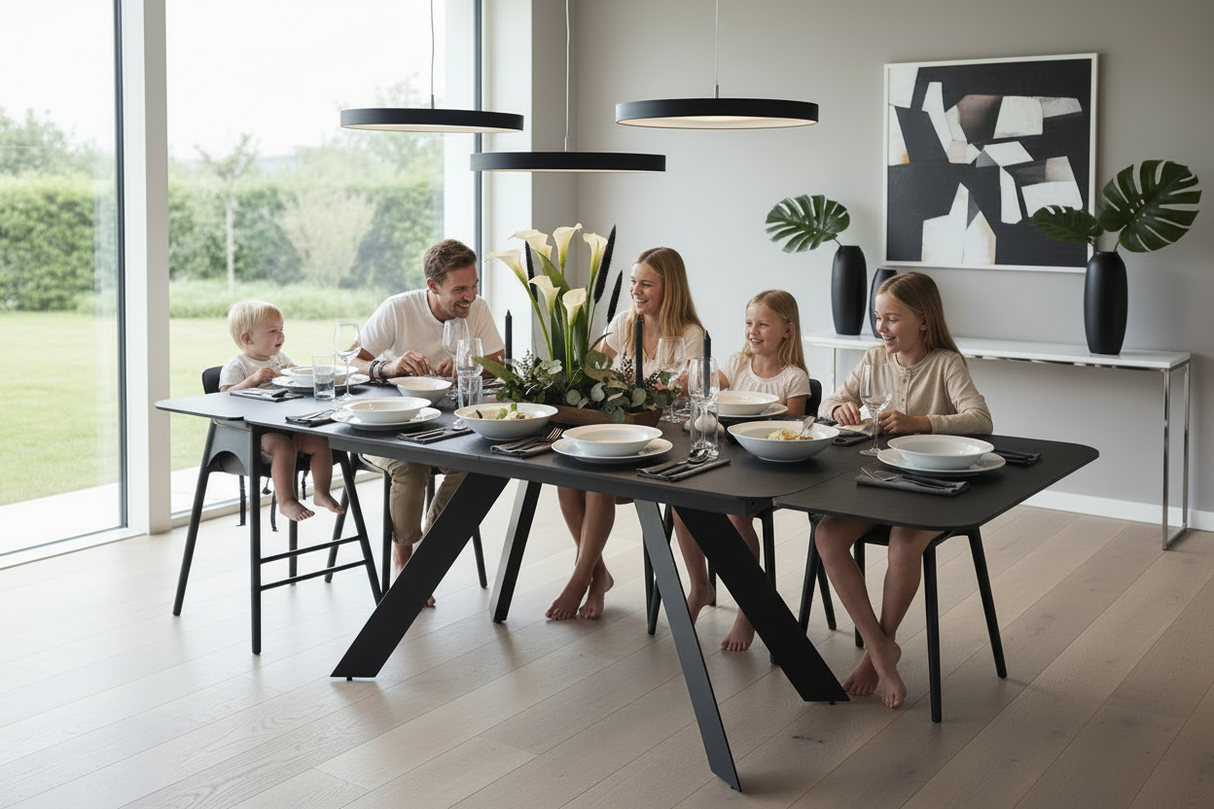 Texas table extensible céramique – vue en situation déjeuner, finition blanche