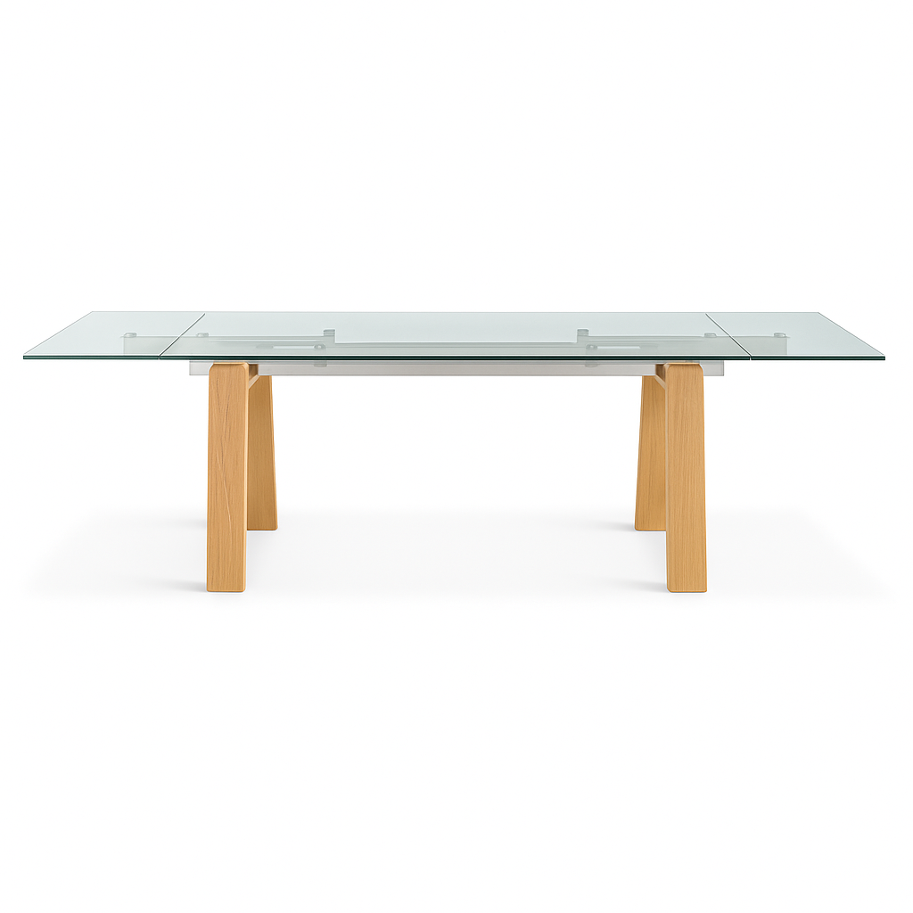 table de salle a manger extensible en verre avec rallonge et 4 pieds en bois de chene clair