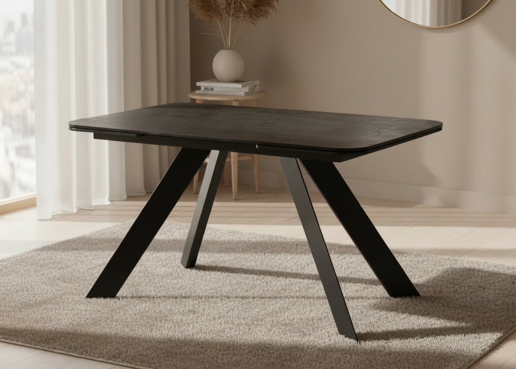 Texas table extensible céramique 130 cm – vue d'ensemble, finition Titane, piètement acier laqué mat