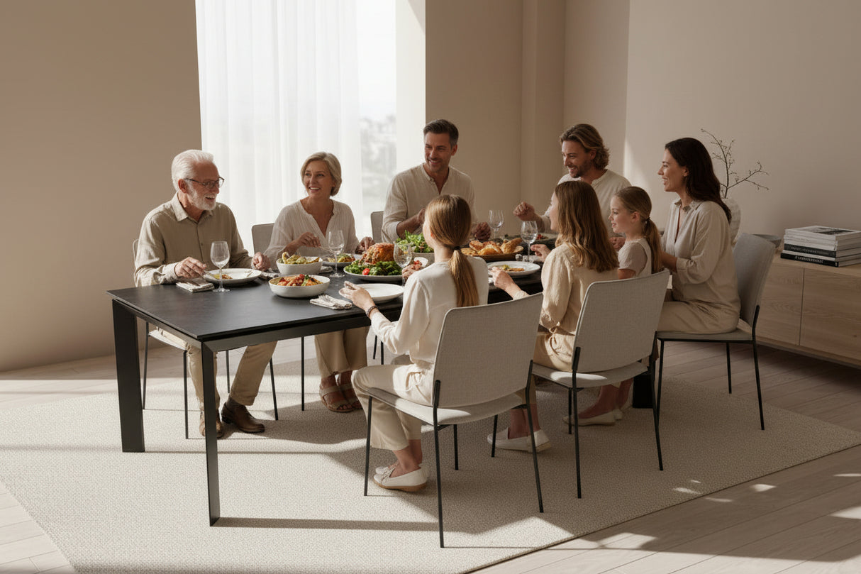 Bogota table extensible céramique Akante – vue en situation salle à manger contemporaine