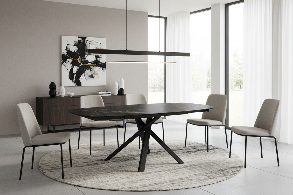 Table Kheops akante ceramique extensible pieds metal croisées en salle à manger contemporaine