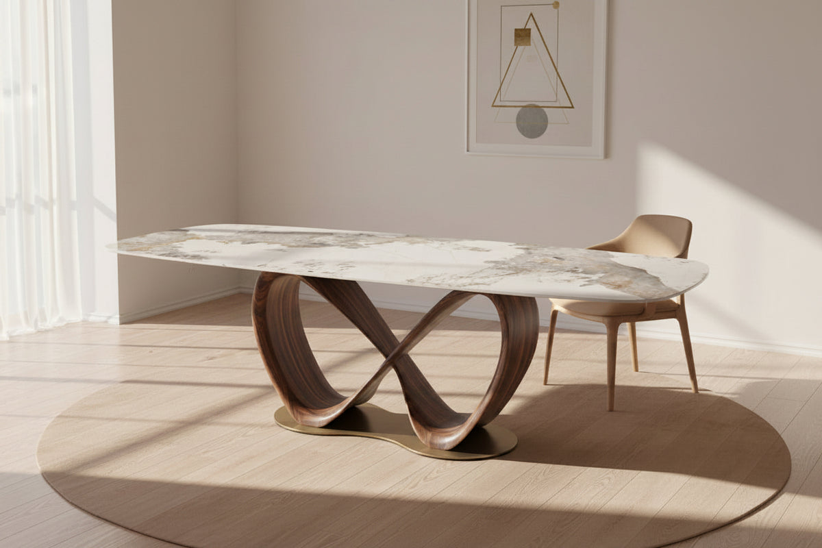 Lyra table céramique calacatta brillant – vue d'ensemble format 220 cm, piètement ruban bois noyer - LIEVENS - LYRA