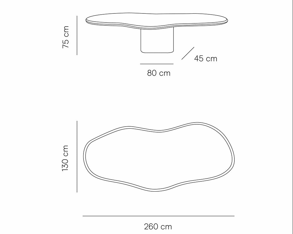 Schéma dimensions - Loly - plateau 260x130x75 cm / piètement 80x45 cm