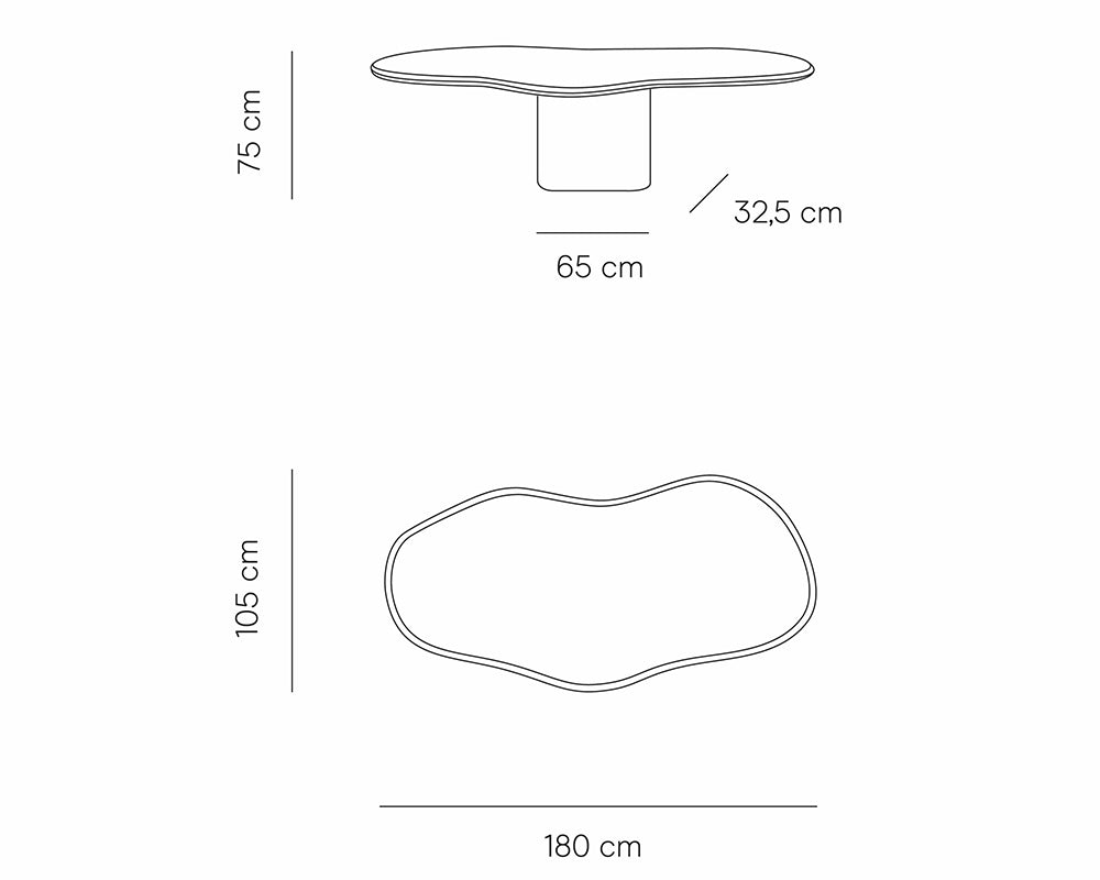 Schéma dimensions - Loly - plateau 180x105x75 cm / piètement 65x32.5 cm