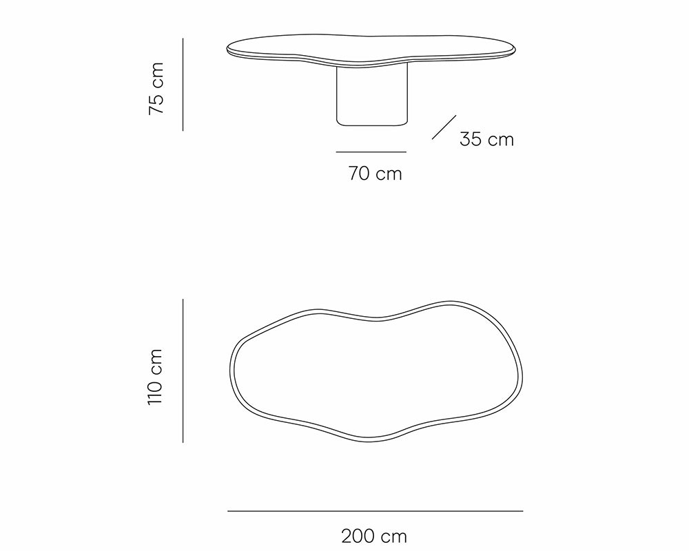 Schéma dimensions - Loly - plateau 200x110x75 cm / piètement 70x35 cm
