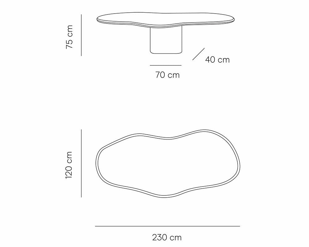 Schéma dimensions - Loly - plateau 230x120x75 cm / piètement 70x40 cm
