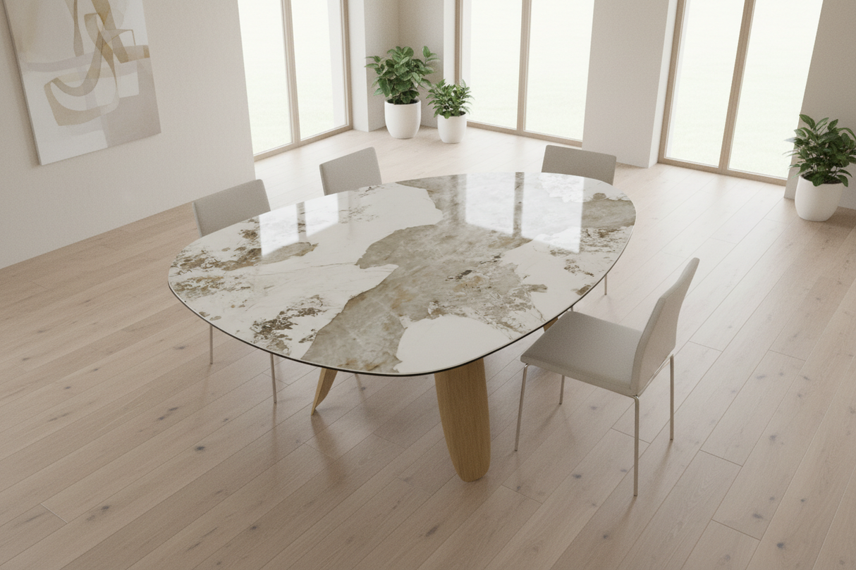 Table à manger organique céramique dans salle à manger contemporaine