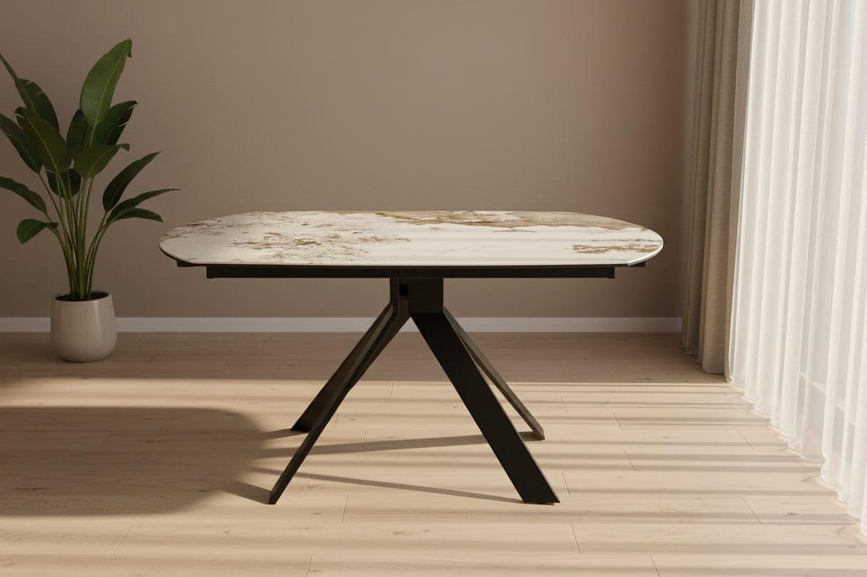 Milazzo table extensible céramique – finition Calacatta brillant, vue en situation