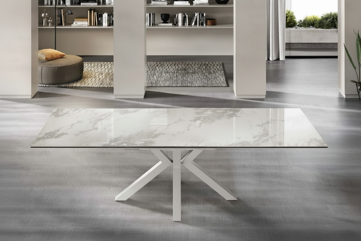 Stan table céramique marbre extensible – zoom piètement métal, pieds réglables en hauteur
