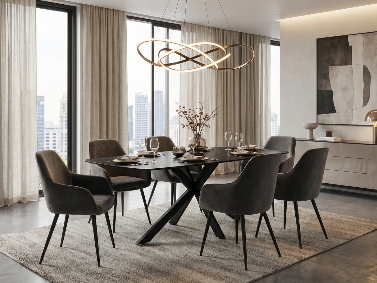 table de salle a manger en marbre noir céramique en ambiance avec 6 chaises en velours