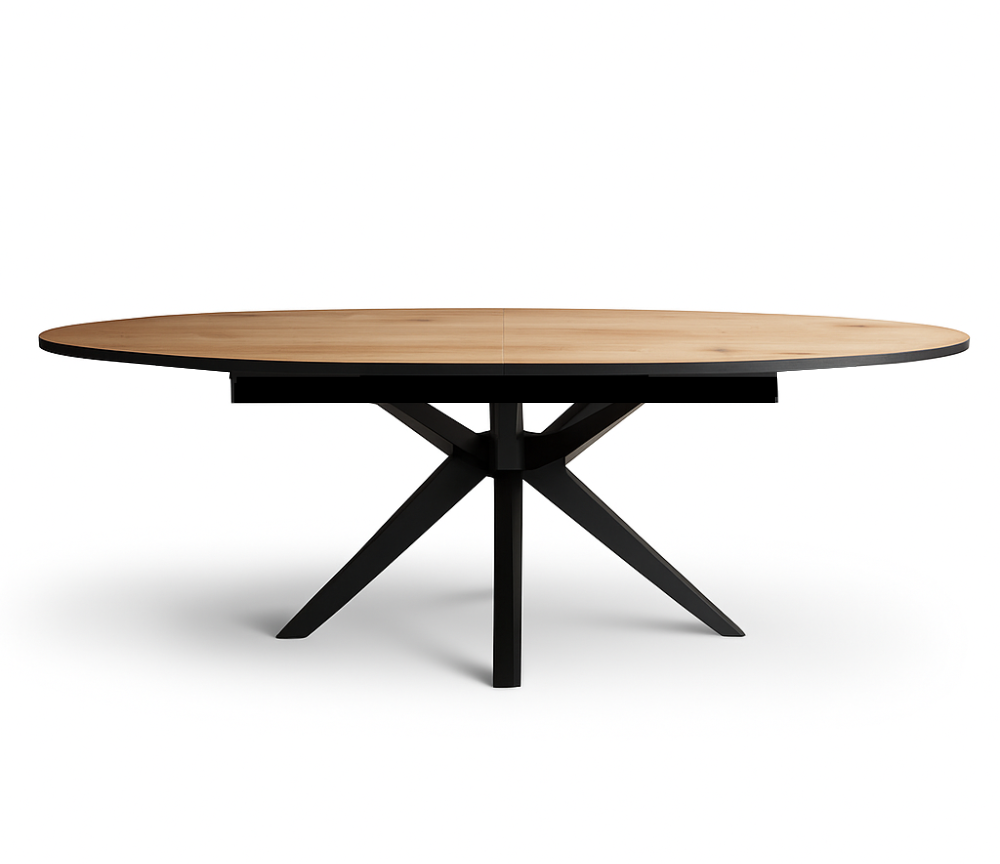 Table de salle à manger ovale extensible Elvira – vue de face – bois naturel – pieds bois massif noir