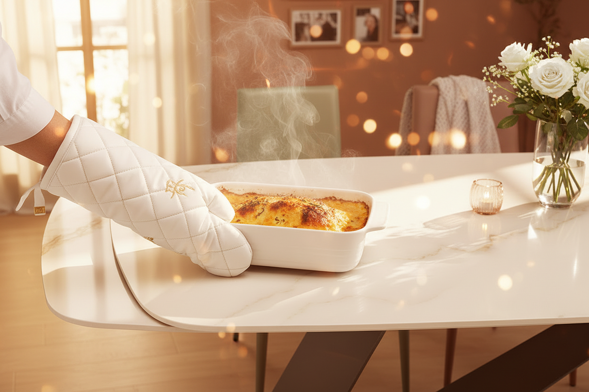 Gros plan émotionnel d'un plat chaud déposé sur la table en céramique