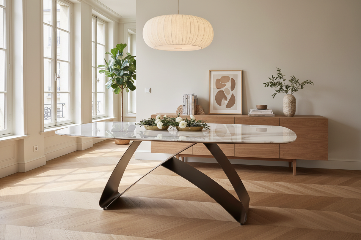 Table ovale extensible en céramique brillante dans une salle à manger contemporaine