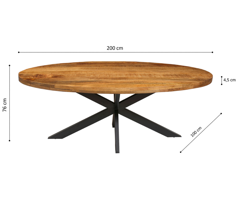 dessin technique des dimensions de la table ovale pied central en bois massif