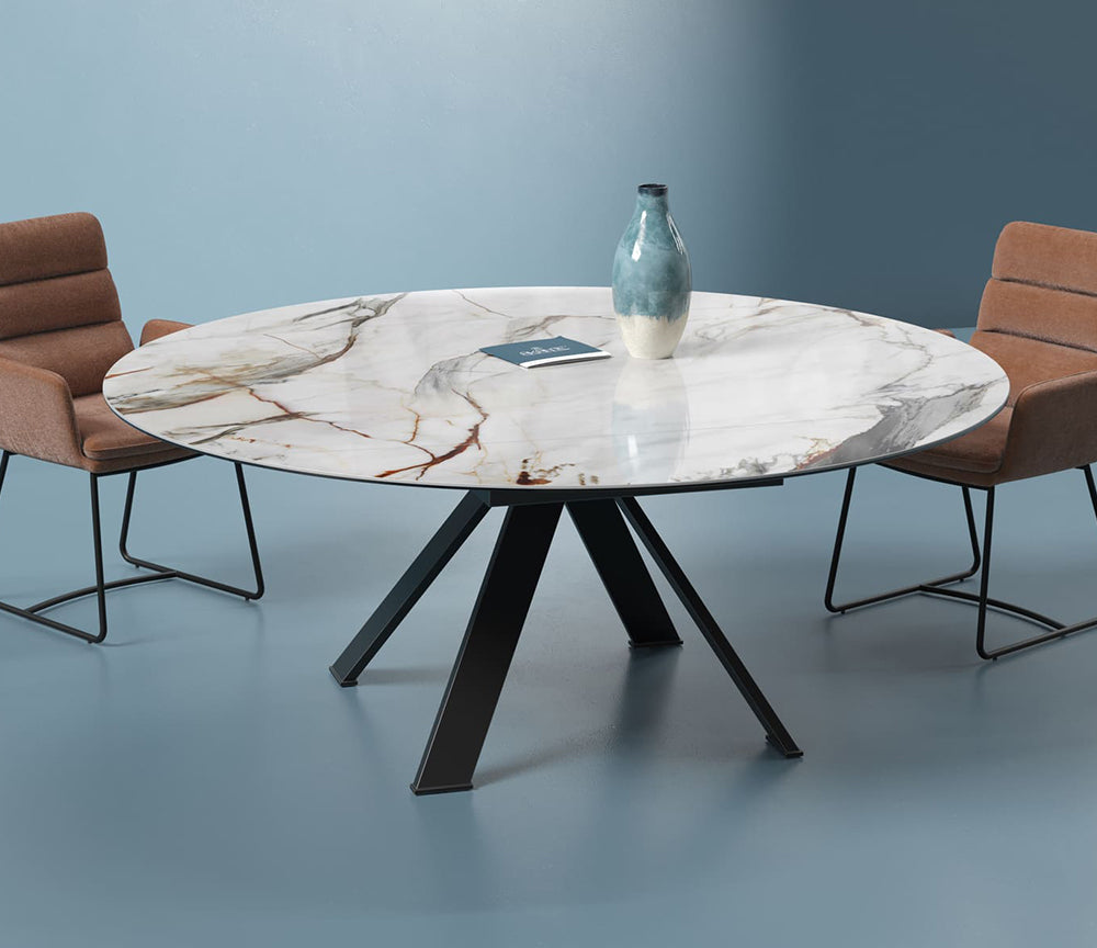 Table ronde céramique extensible marbre fiore pieds métal noir - Akante - Souffle d'intérieur