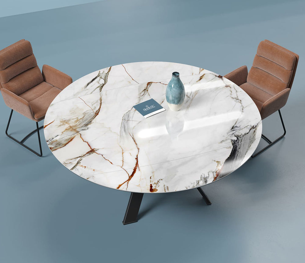 Table ronde céramique extensible marbre fiore pieds métal noir - Akante - Souffle d'intérieur