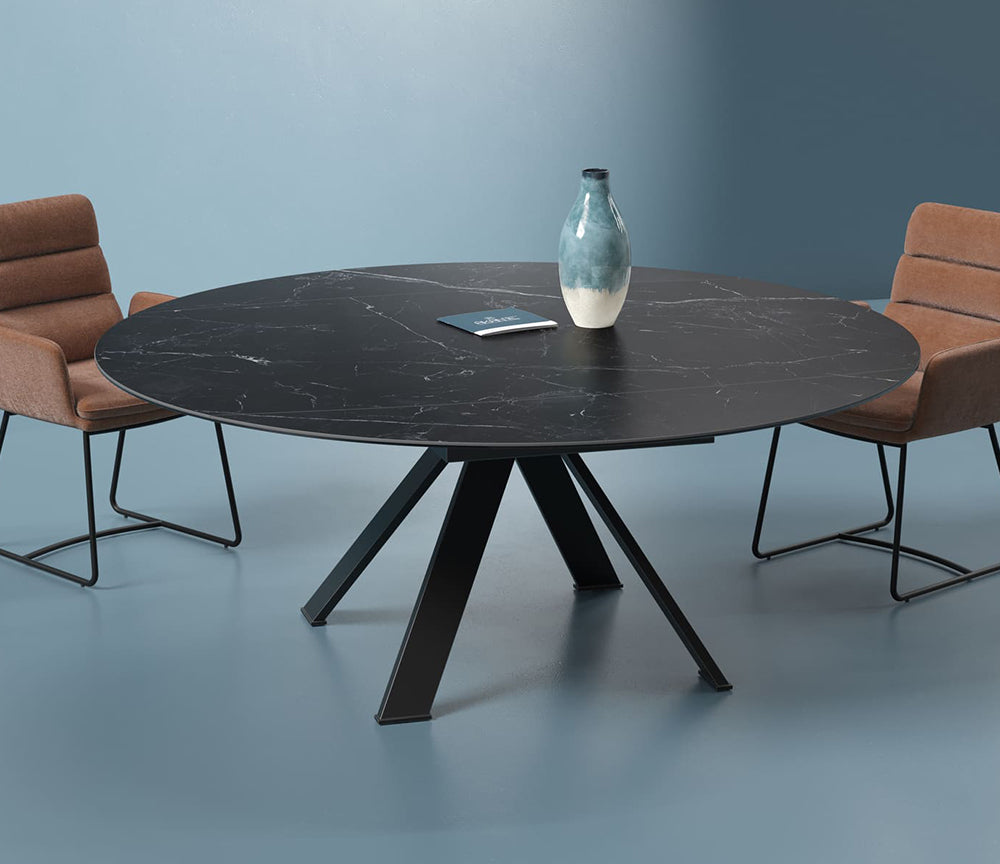 Table ronde céramique extensible marbre noir pieds métal - Akante - Souffle d'intérieur