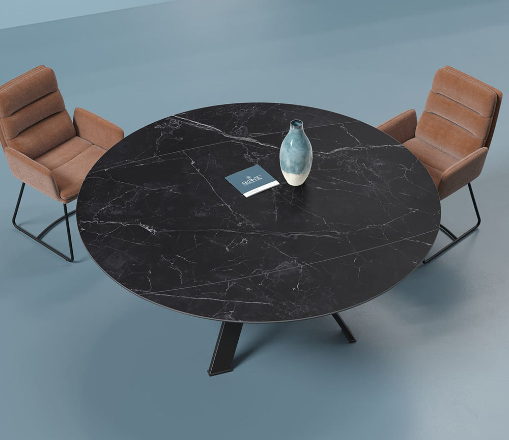 Table ronde céramique extensible marbre noir pieds métal - Akante - Souffle d'intérieur