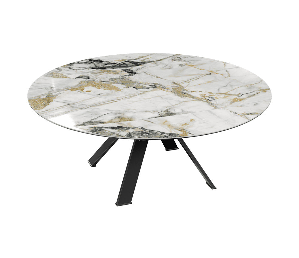 Table ronde céramique extensible marbre doro pieds métal noir sur fond blanc ouverte