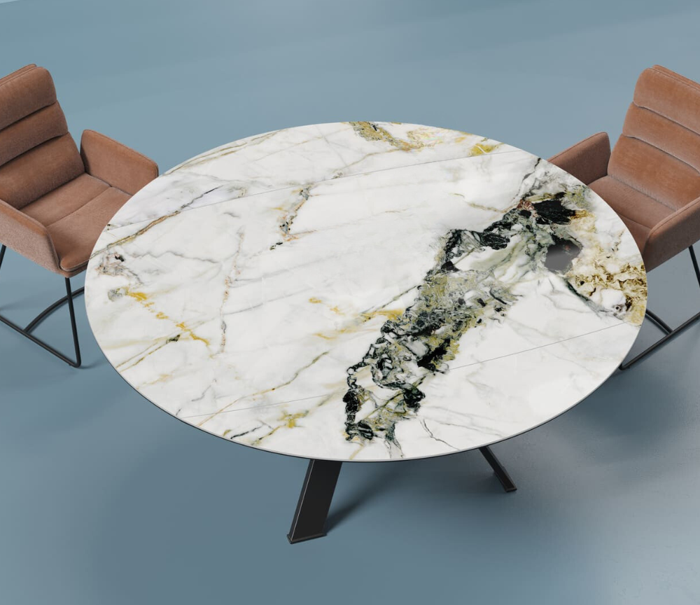 Table ronde céramique extensible marbre doro pieds métal noir - Akante - Souffle d'intérieur
