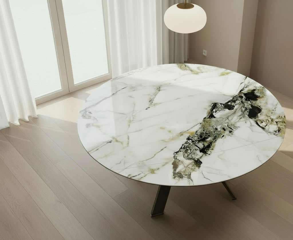 Table Austin Akante ronde céramique marbre Doro – vue d’ambiance salle à manger contemporaine