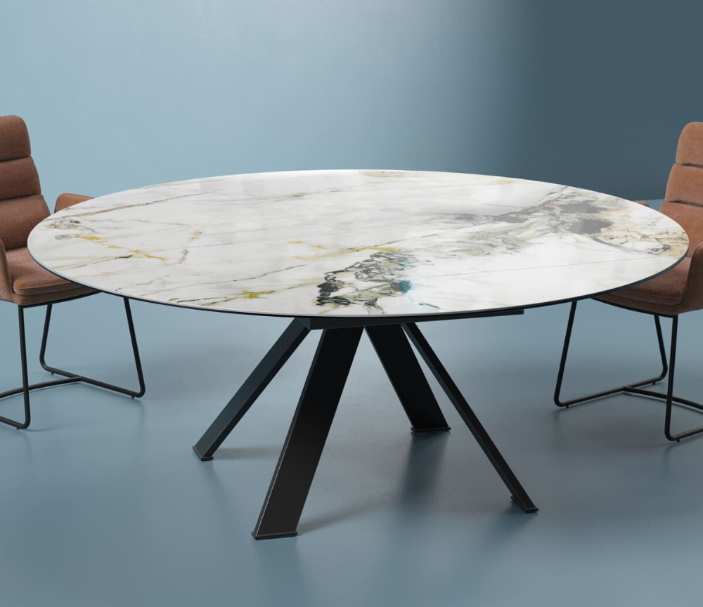 Table ronde céramique extensible marbre doro pieds métal noir - Akante - Souffle d'intérieur