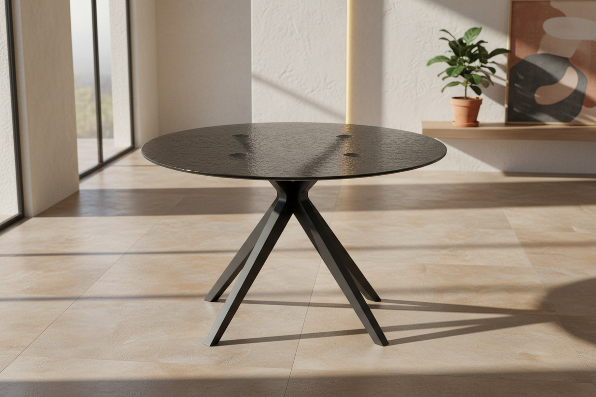 Table de repas Fevy - vue de profil - verre martelé fumé