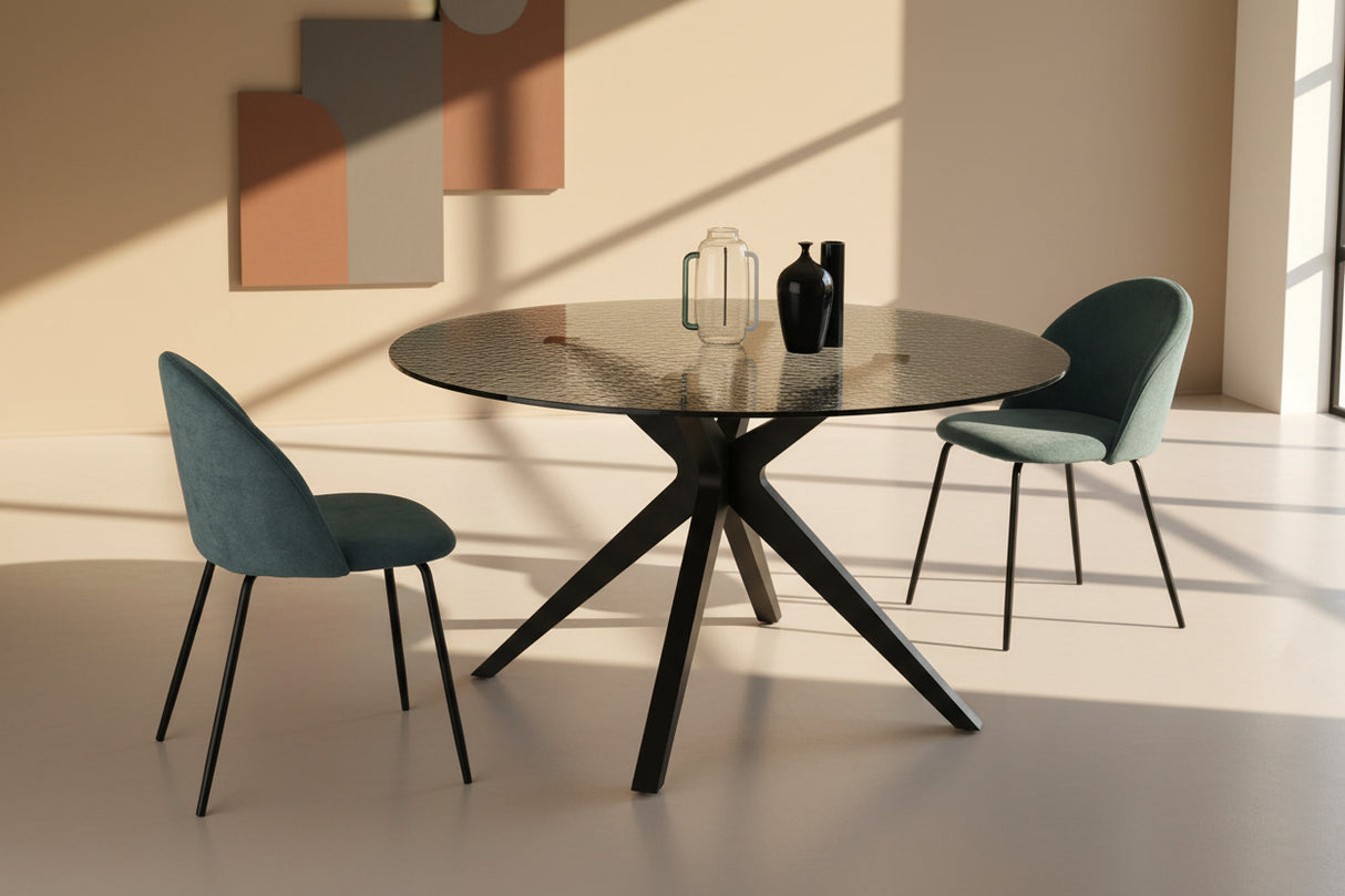 Table Fevy en situation - salle à manger - verre martelé fumé