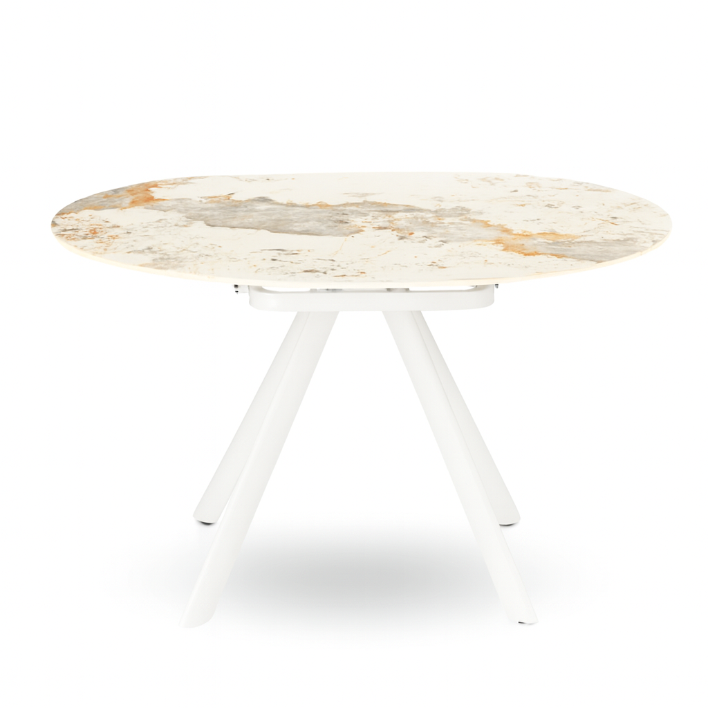 table a manger pieds métal blanc et plateau en céramique marbre sur fond blanc