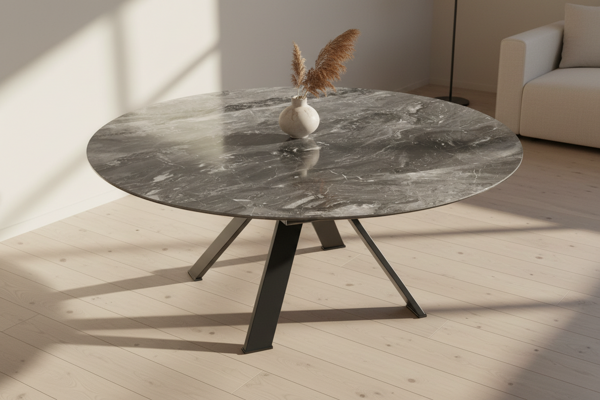 Table Austin Akante céramique marbre extensible – transition tonneau vers cercle, mécanisme rotatif
