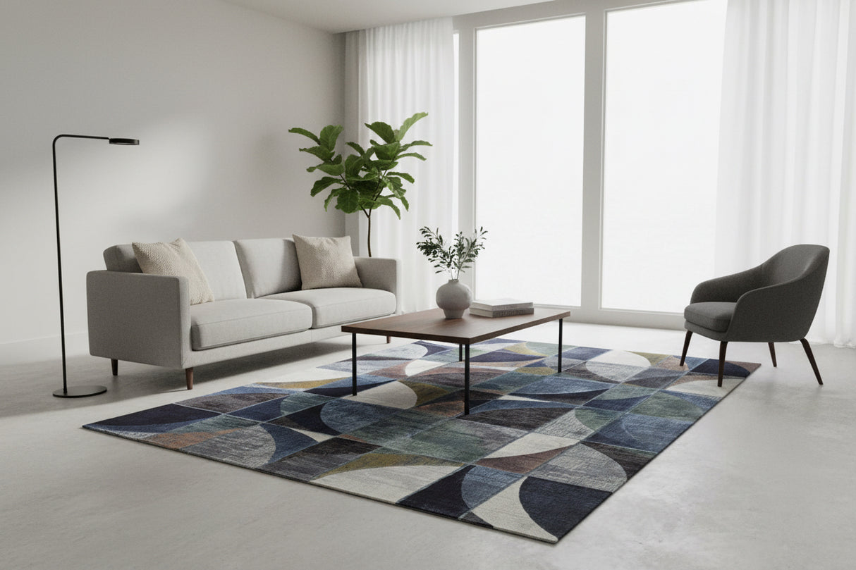 Tapis salon bleu vintage decor graphique moderne rectangulaire - Souffle d'intérieur