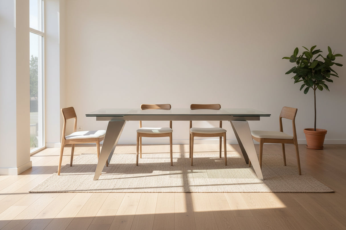 Andrea table en verre extensible inox brossé – zoom piètement inox brossé