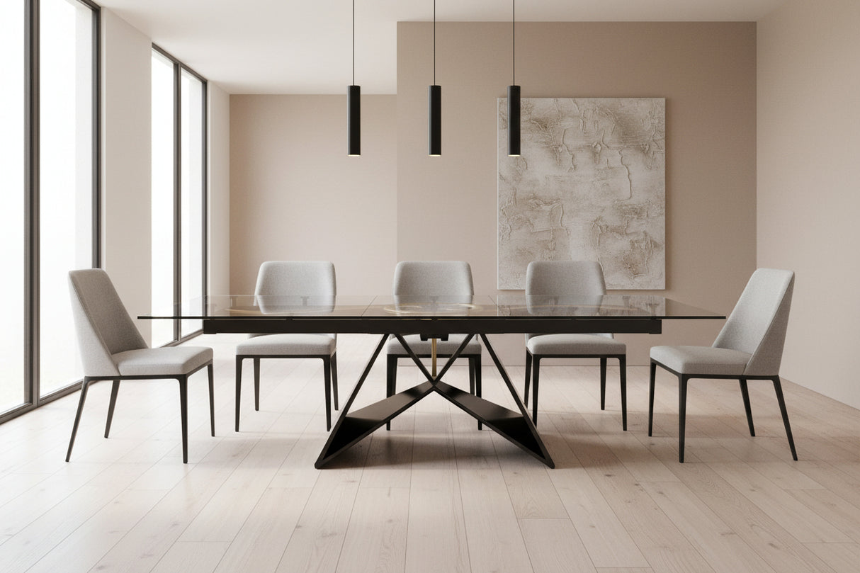 Table de repas Omega - vue de profil - en verre trempé pied noir