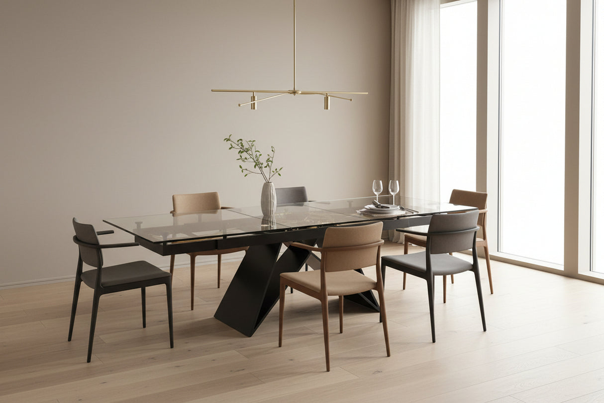 Table de repas Omega - vue 3/4 - en verre trempé pied noir