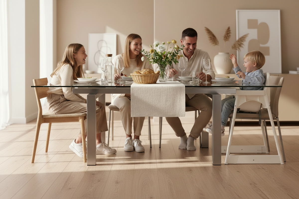 Table verre extensible pieds acier gris