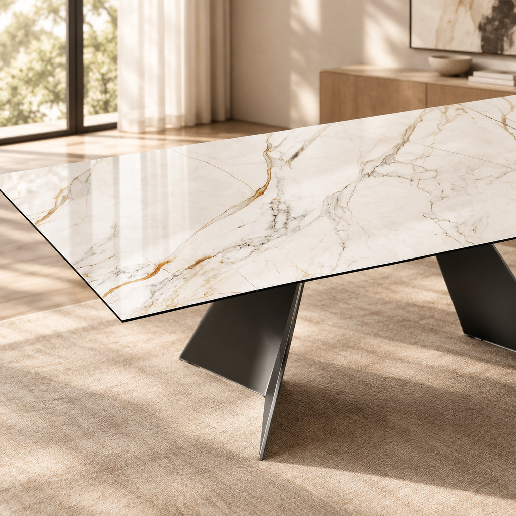 Table Washington céramique marbre extensible – zoom plateau – Akante