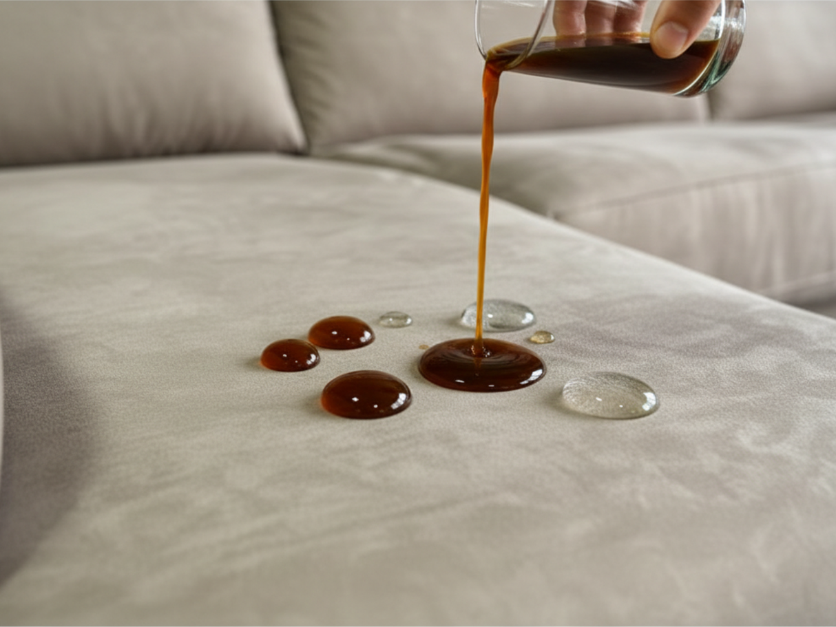 demontration du traitement anti tâches sur un canape d'angle avec systemet rapido