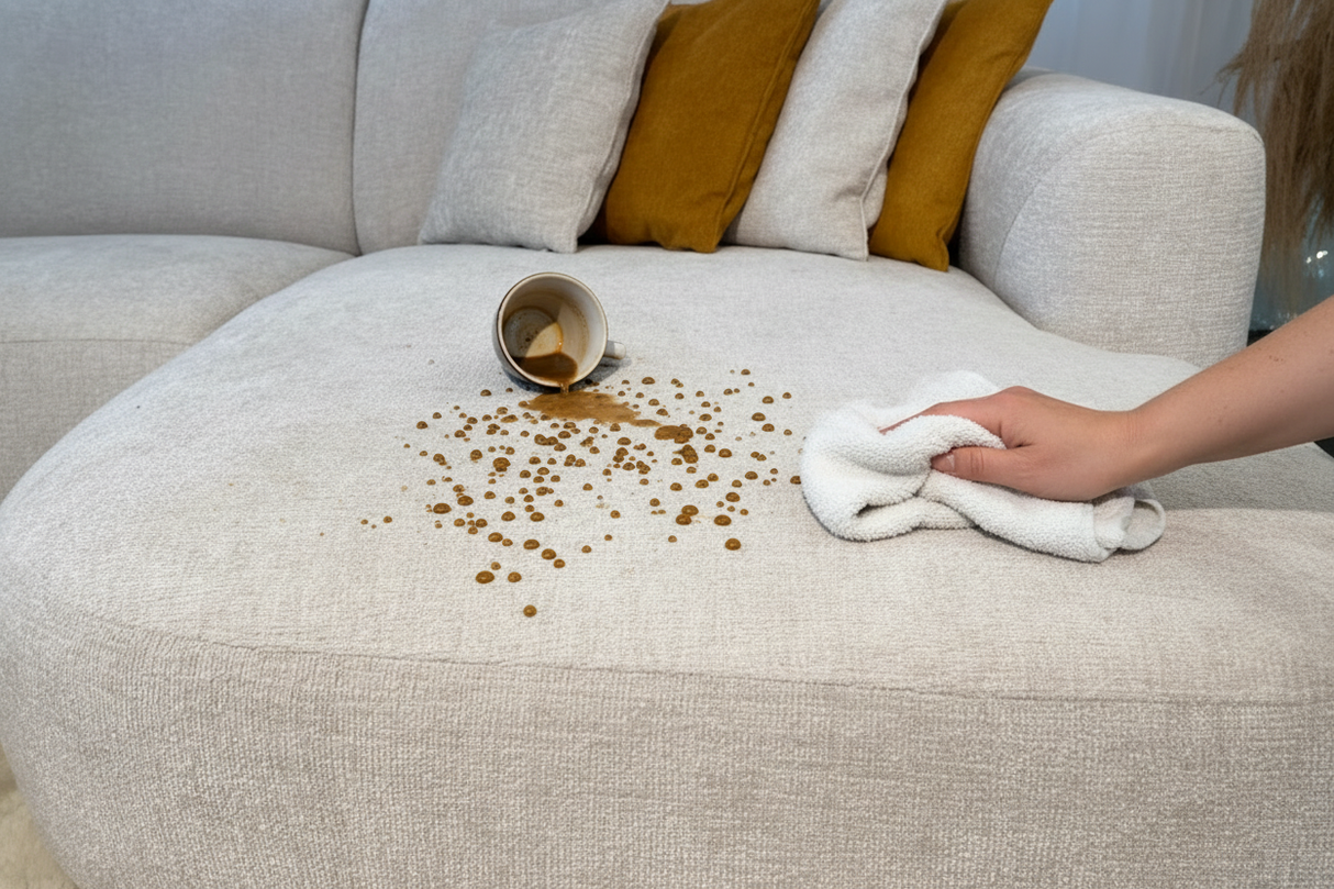 Traitement anti-tache canapé beige panoramique - nettoyage facile café