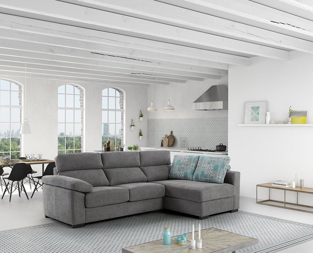 Canapé d’angle convertible Lea en situation – salon – méridienne à droite – tissu gris