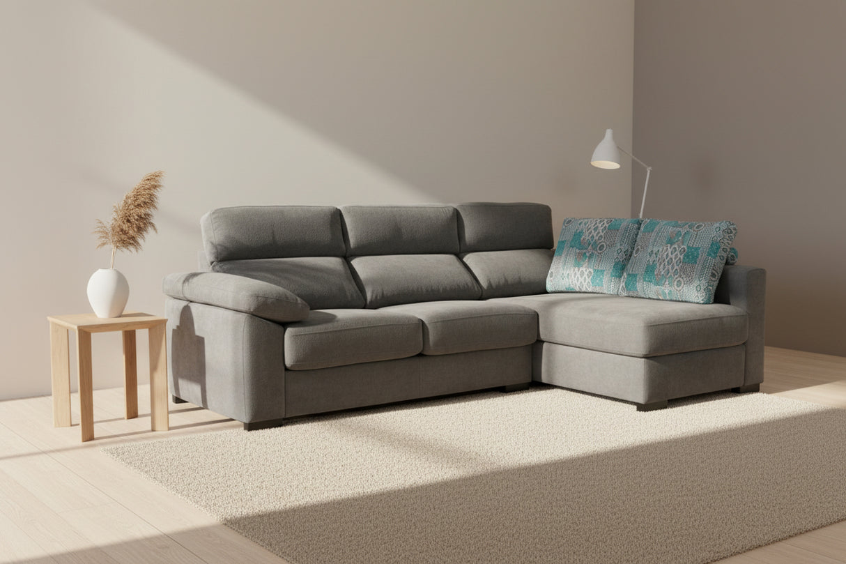 Canapé d’angle convertible Lea – vue 3/4 – angle à droite – tissu gris – pieds bois noir
