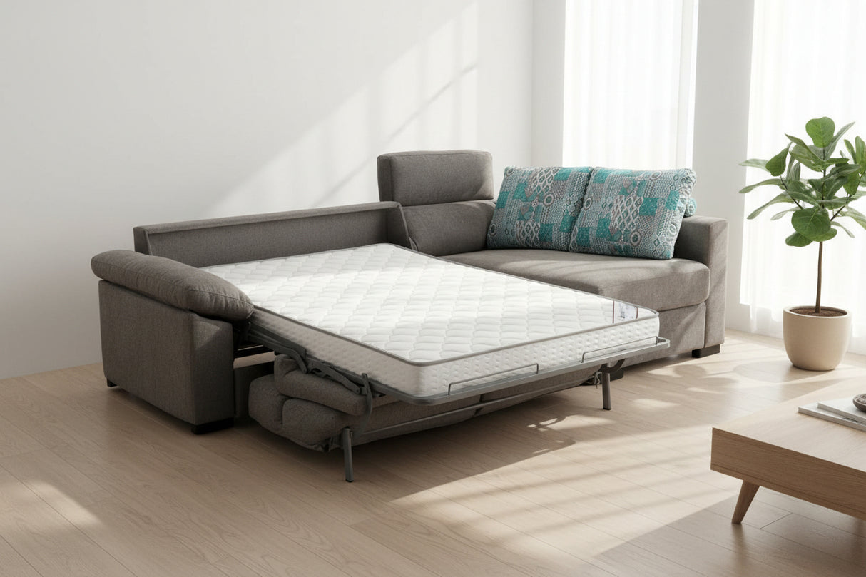 Canapé d'angle convertible Lea – méridienne à droit – système rapido – ouvert – tissu
