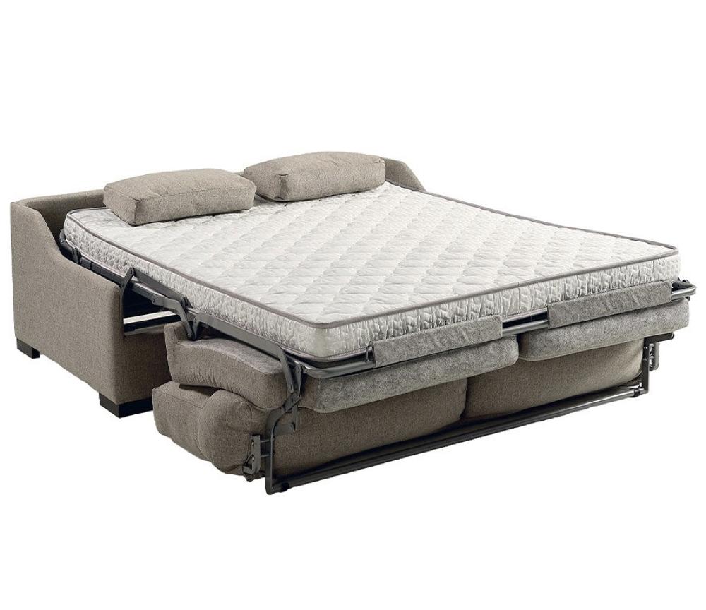 Canapé rapido convertible en lit matelas épais tissu beige en position ouverte
