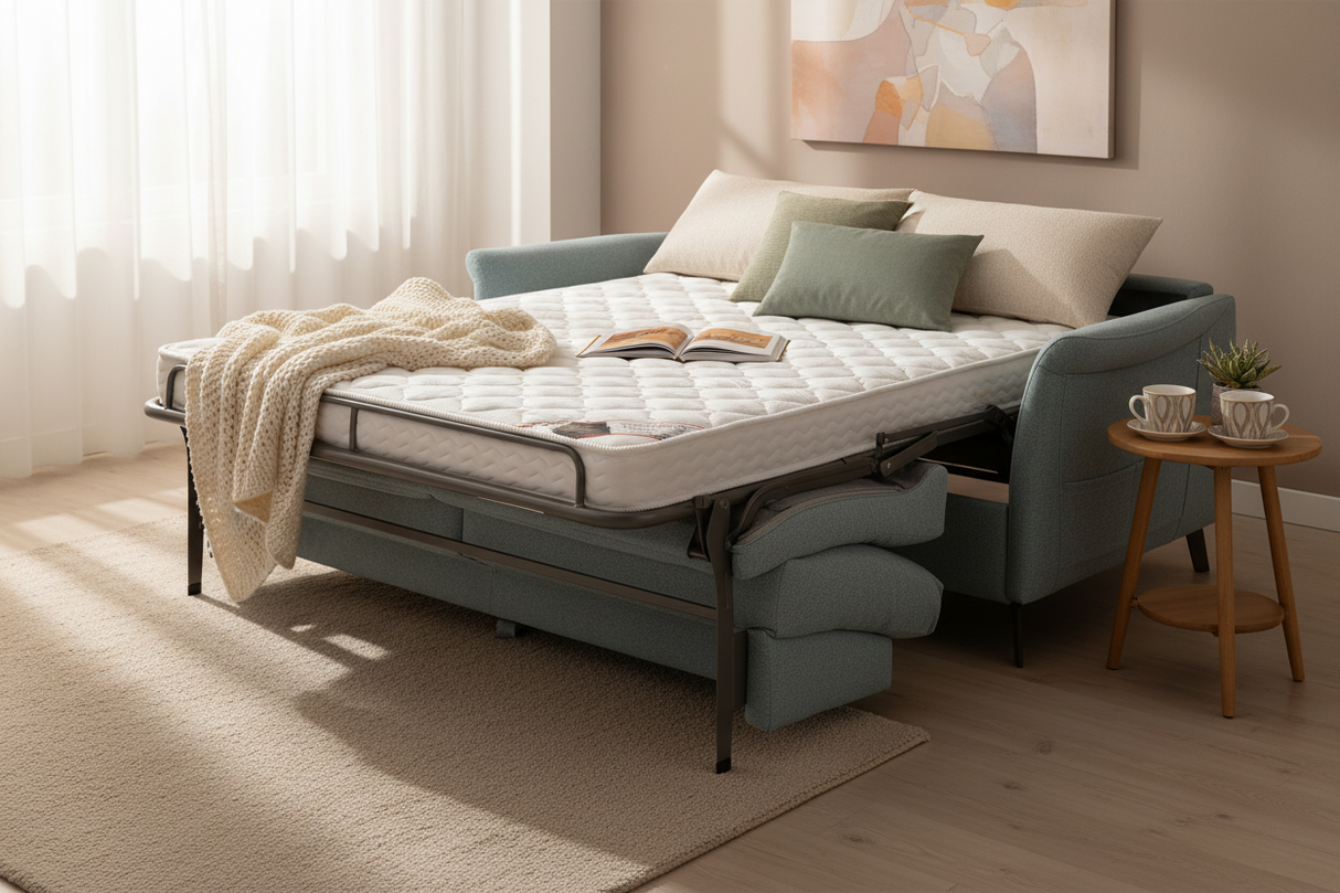 canapé lit rapido 140x190 ouvert tissu bleu clair Fannie matelas 12 cm