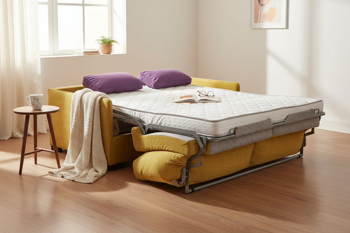 Canapé lit jaune moutarde rapido 140x195 ouvert - matelas confortable