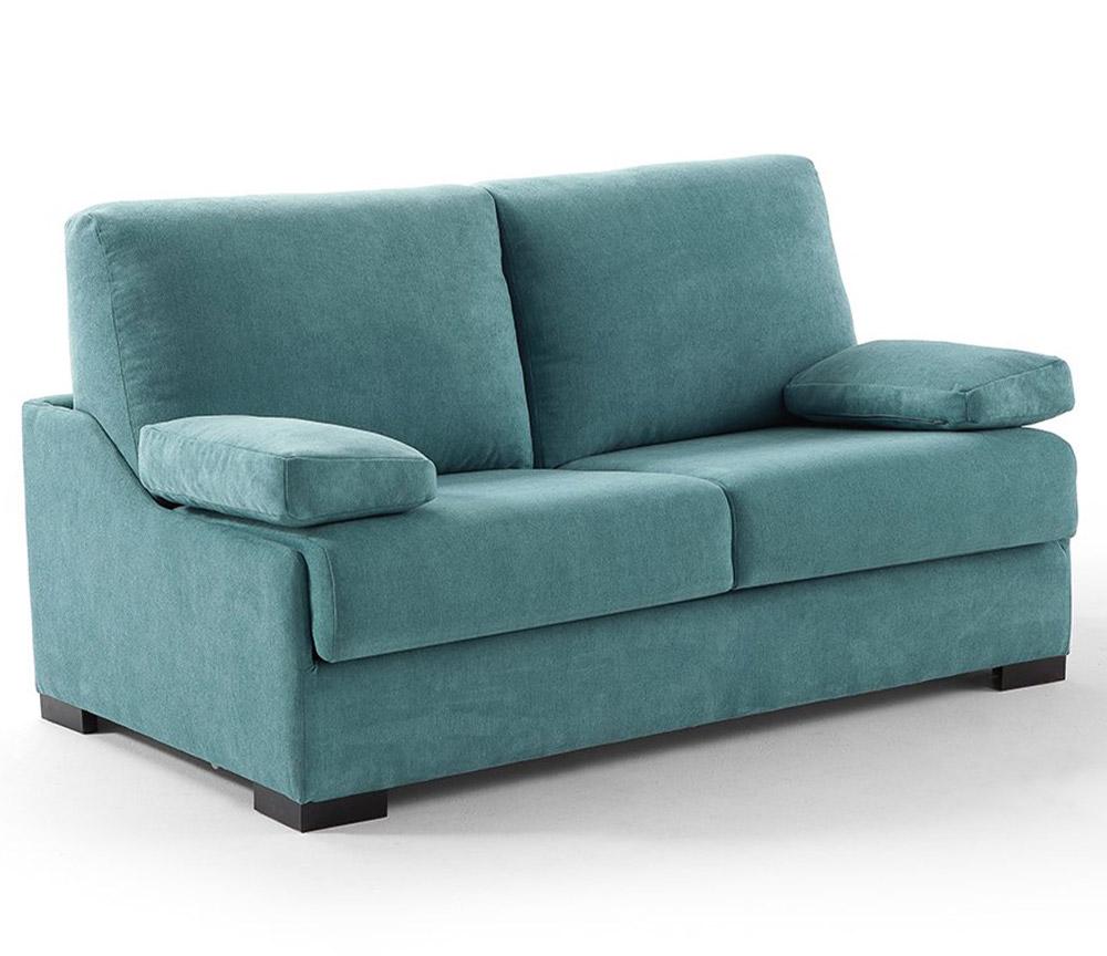 Canapé convertible 3 places Taha – vue 3/4 – tissu bleu – pieds bois wengé