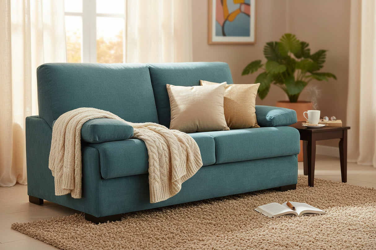 Canapé convertible 3 places Taha – vue 3/4 – tissu bleu – pieds bois wengé