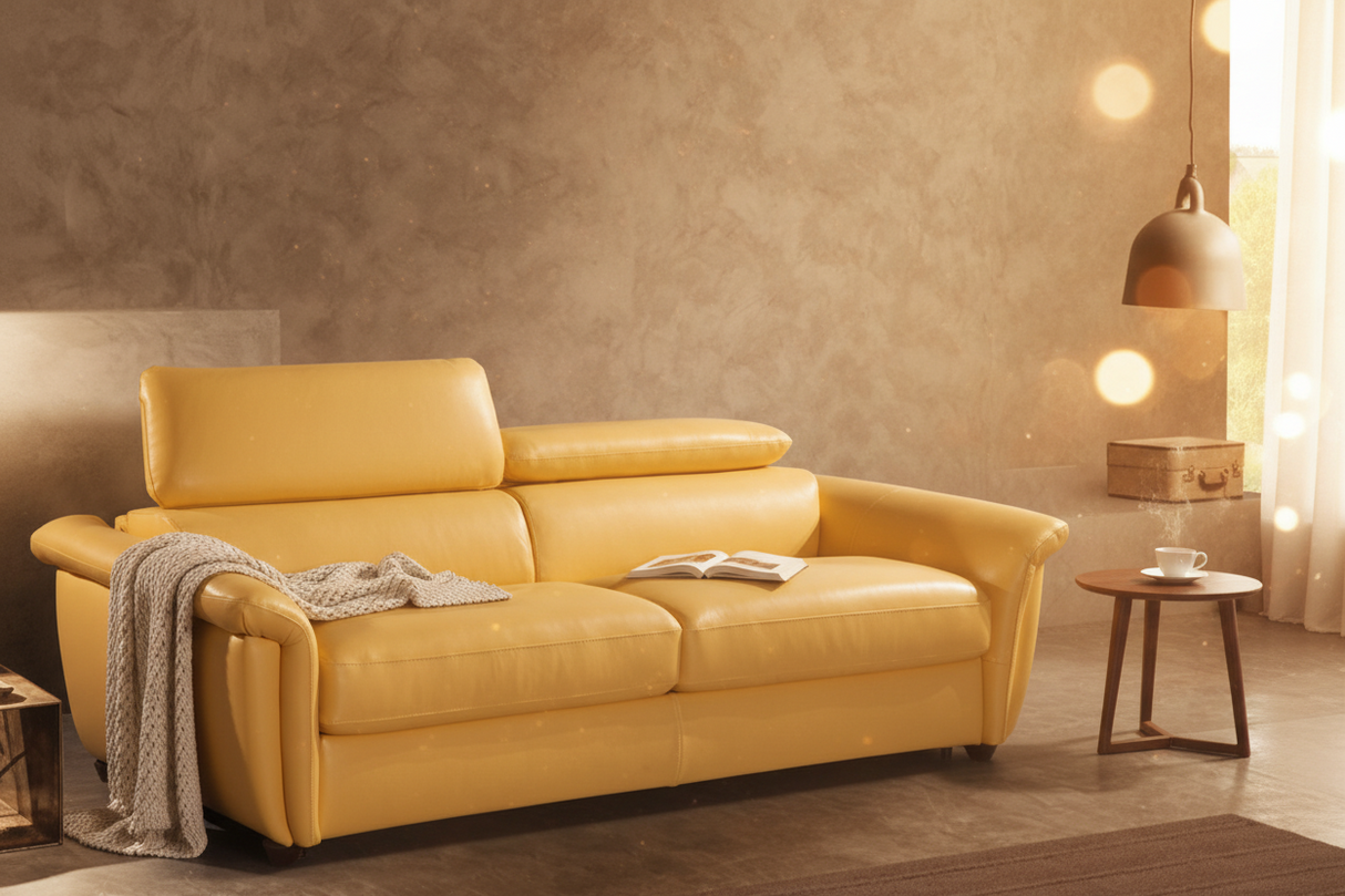 Canapé rapido convertible 140 lit cuir jaune avec matelas 14 cm - Connie-Canapés-SOUFFLE D’INTÉRIEUR