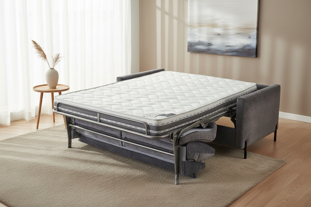canapé convertible rapido vitarelax en tissu velours gris position ouverte - Souffle d'intérieur