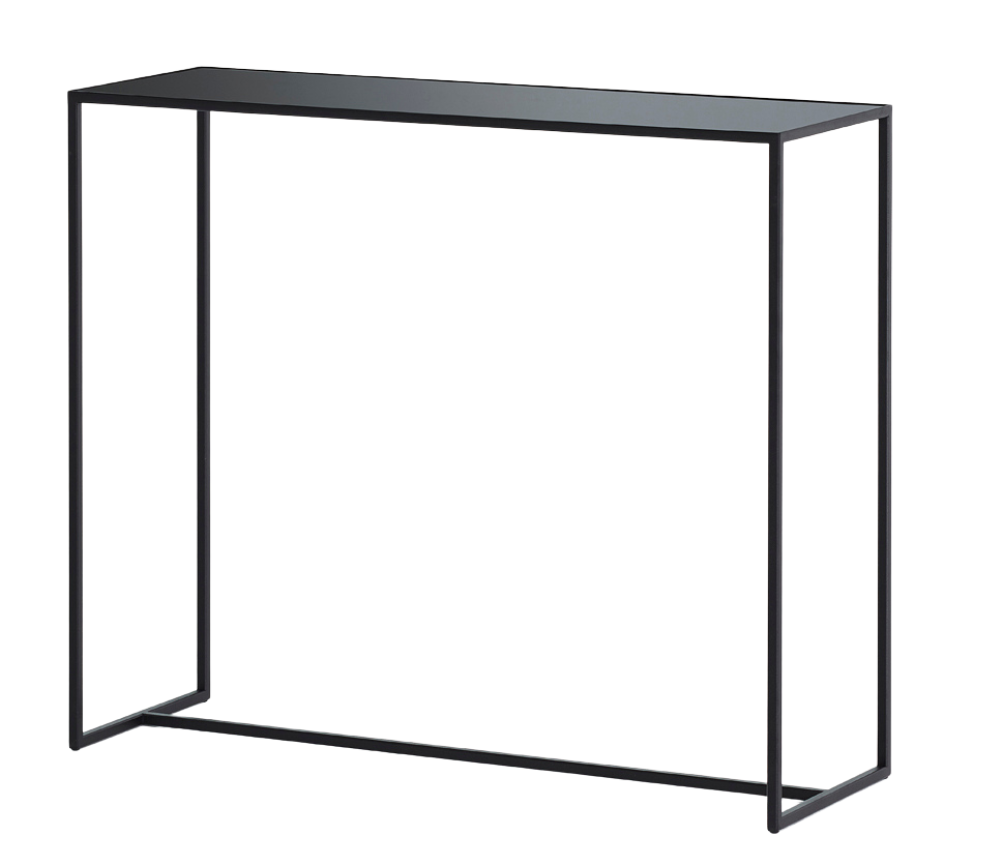 Console d'entrée Mia – vue 3/4 – verre teinté noir et gris – pieds métal noir